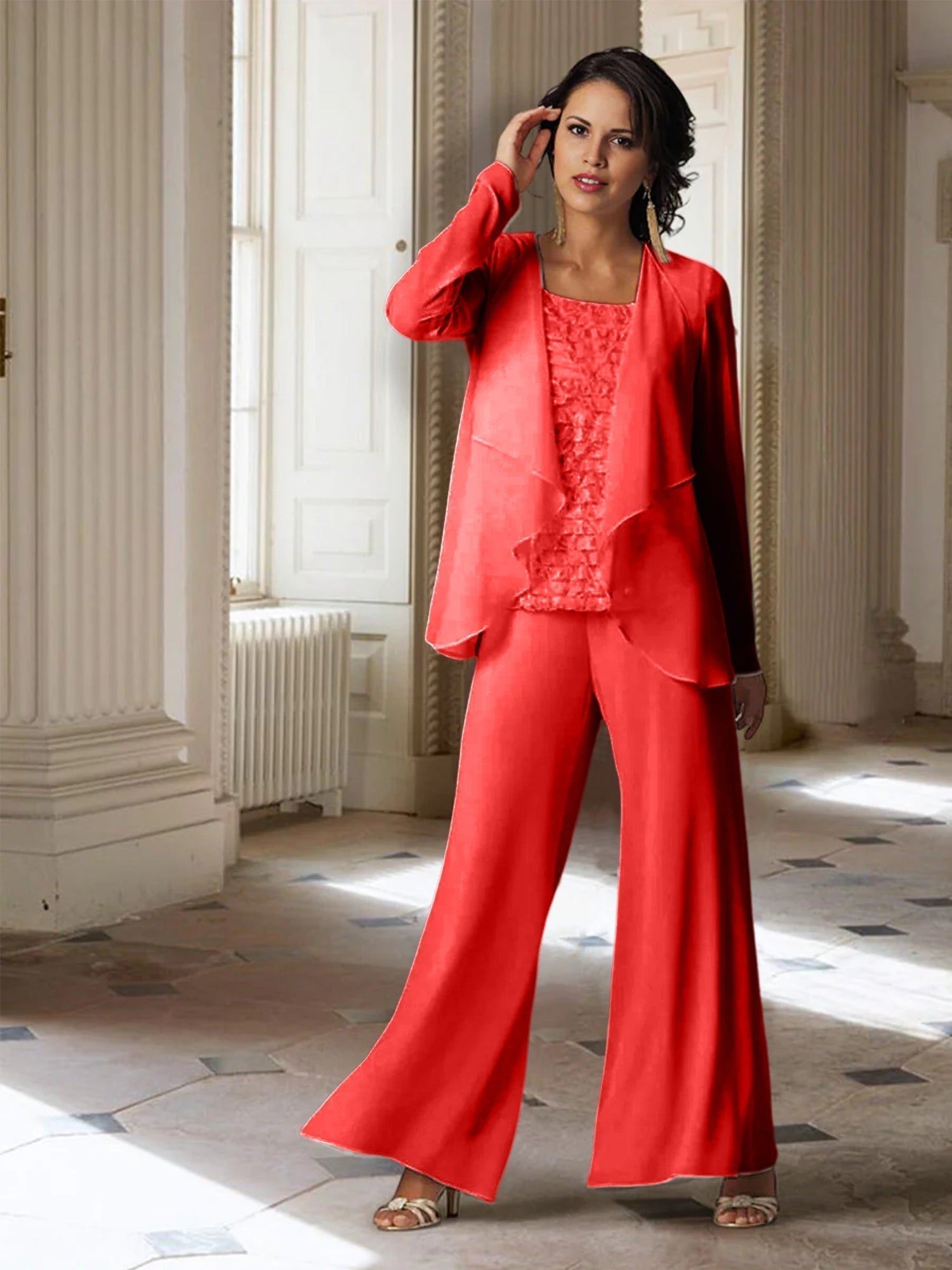 Tailleur-pantalon en mousseline à manches longues pour la mère de la mariée, avec veste 