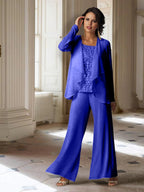 Tailleur-pantalon en mousseline à manches longues pour la mère de la mariée, avec veste 