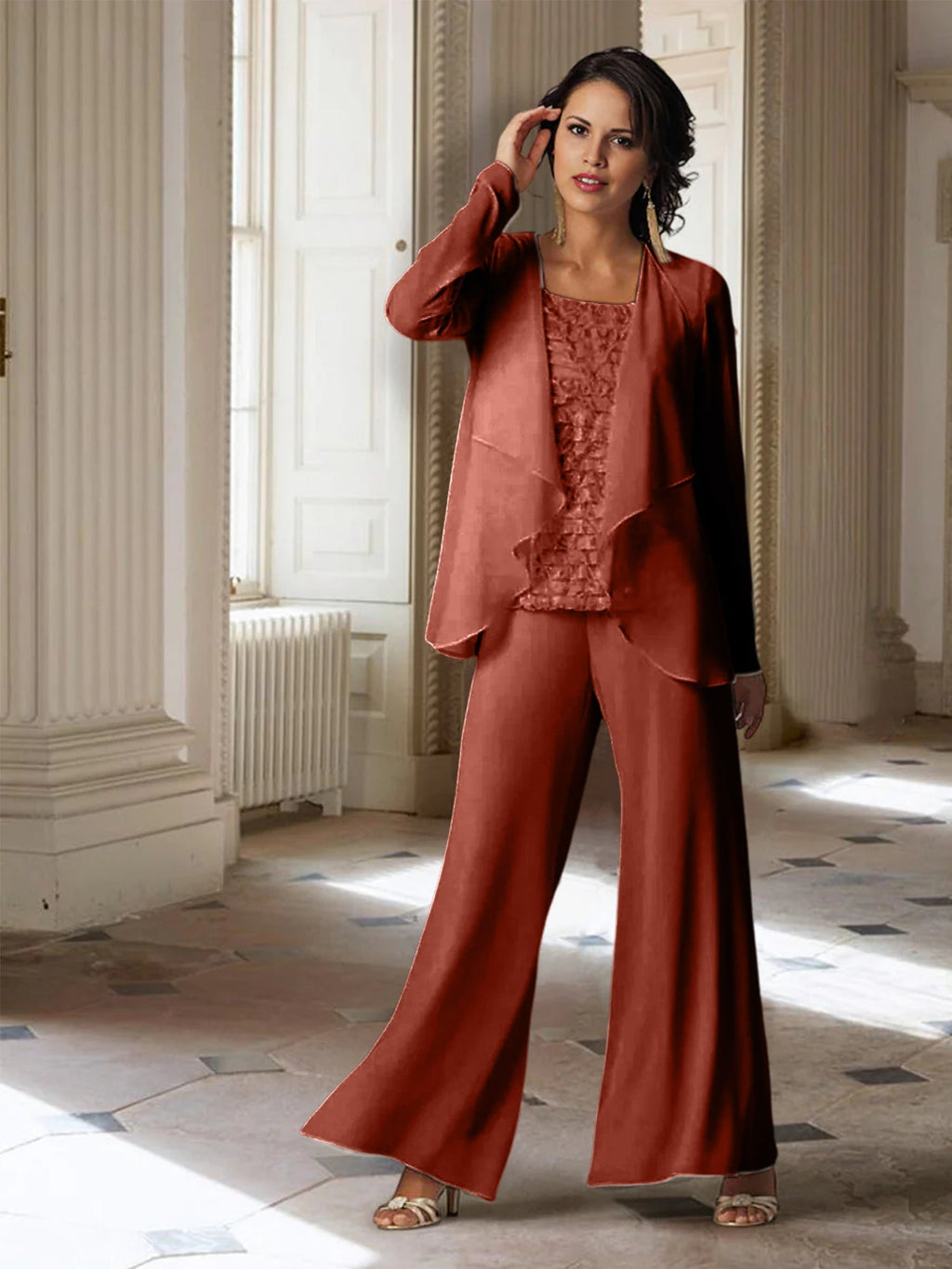 Tailleur-pantalon en mousseline à manches longues pour la mère de la mariée, avec veste 