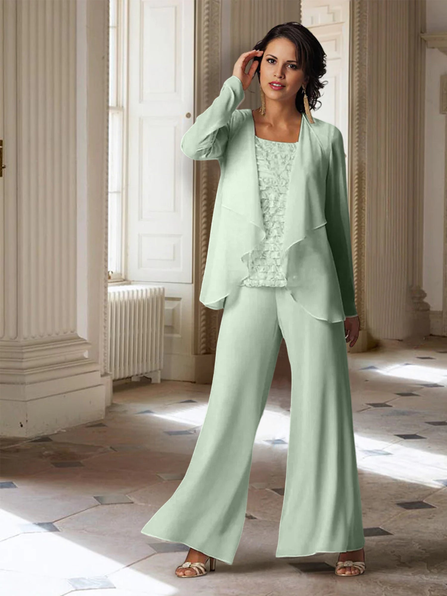 Tailleur-pantalon en mousseline à manches longues pour la mère de la mariée, avec veste 