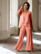 Tailleur-pantalon en mousseline à manches longues pour la mère de la mariée, avec veste 