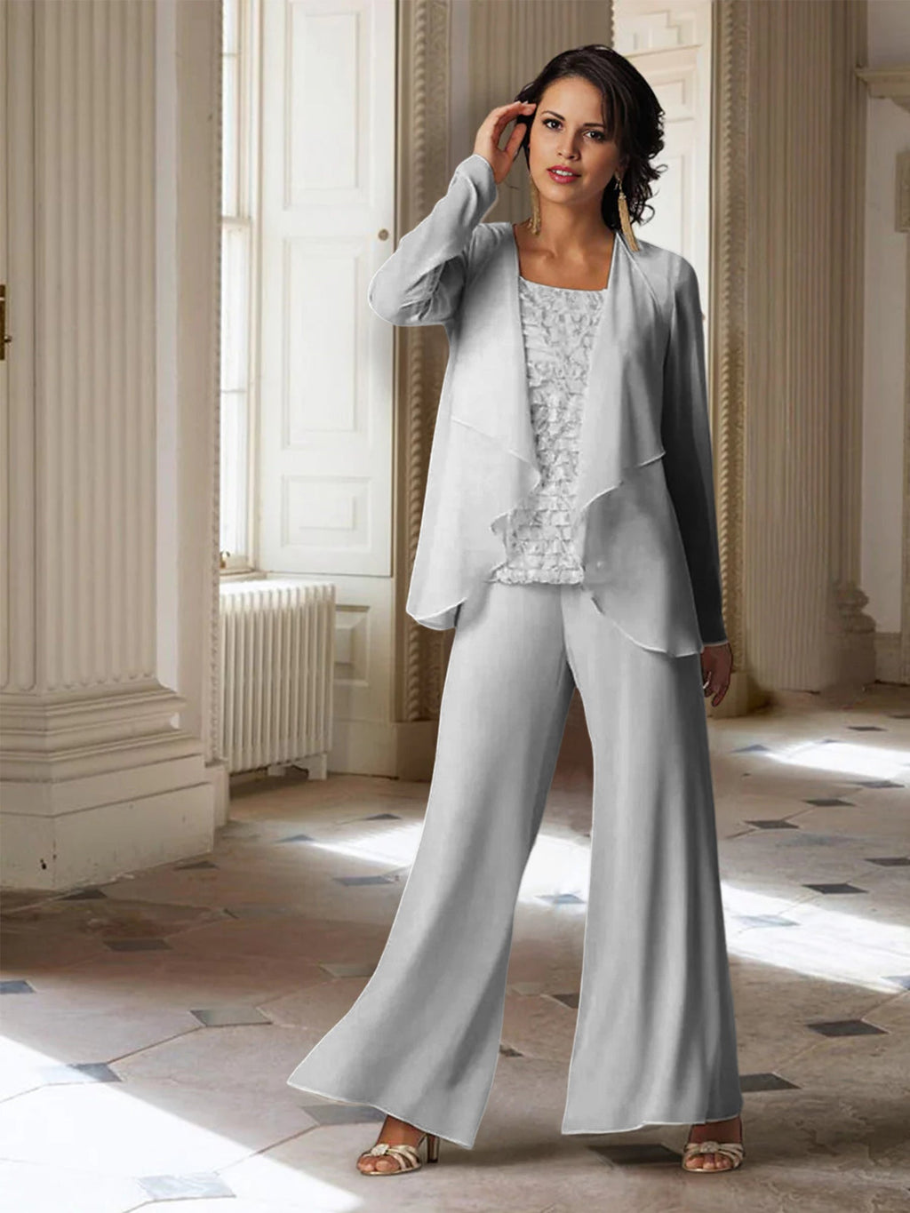 Tailleur-pantalon en mousseline à manches longues pour la mère de la mariée, avec veste 