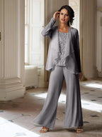 Tailleur-pantalon en mousseline à manches longues pour la mère de la mariée, avec veste 