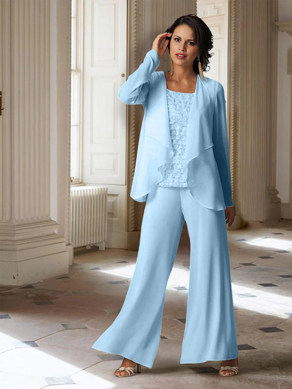Tailleur-pantalon en mousseline à manches longues pour la mère de la mariée, avec veste 