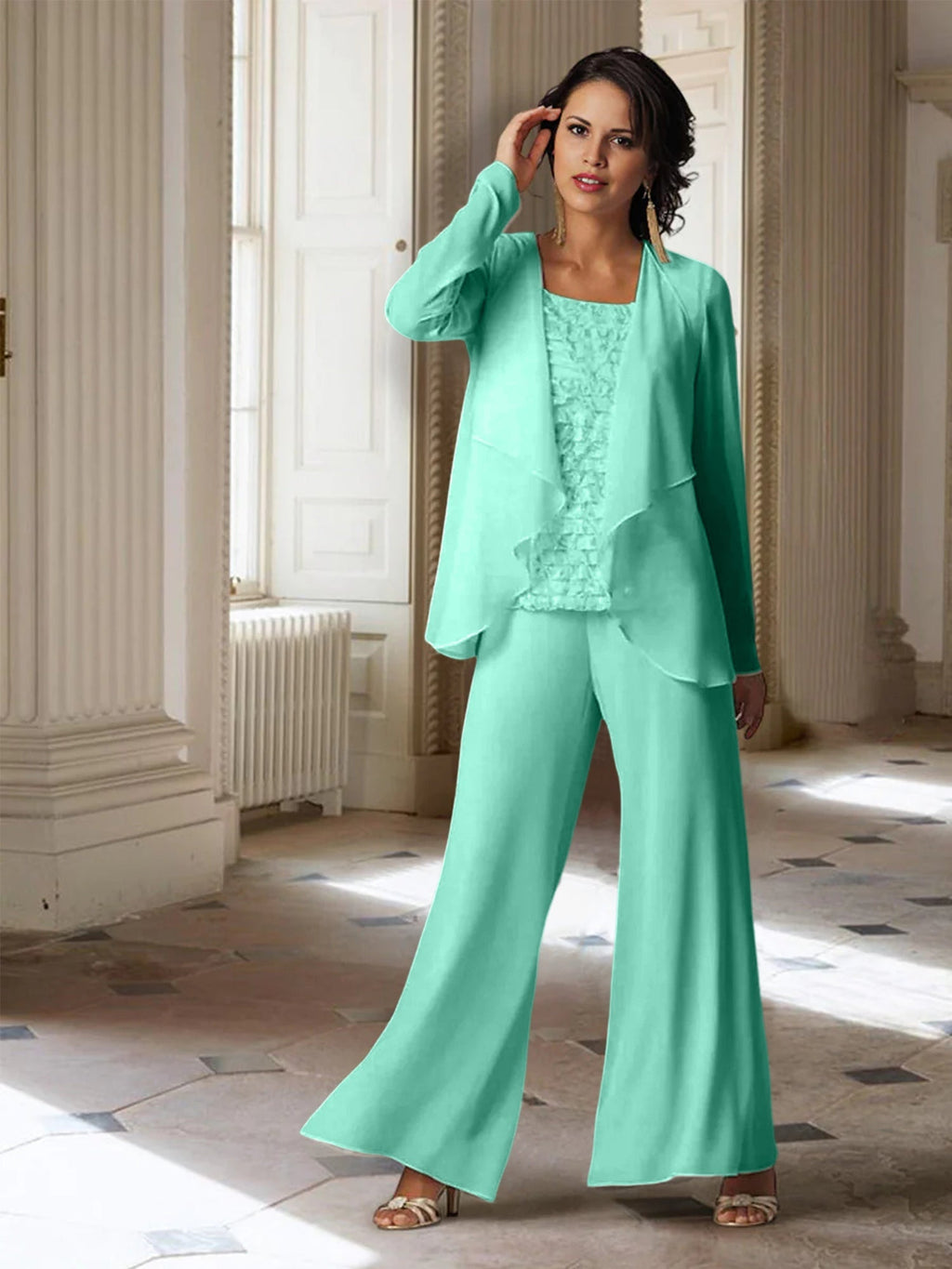 Tailleur-pantalon en mousseline à manches longues pour la mère de la mariée, avec veste 