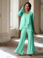 Tailleur-pantalon en mousseline à manches longues pour la mère de la mariée, avec veste 