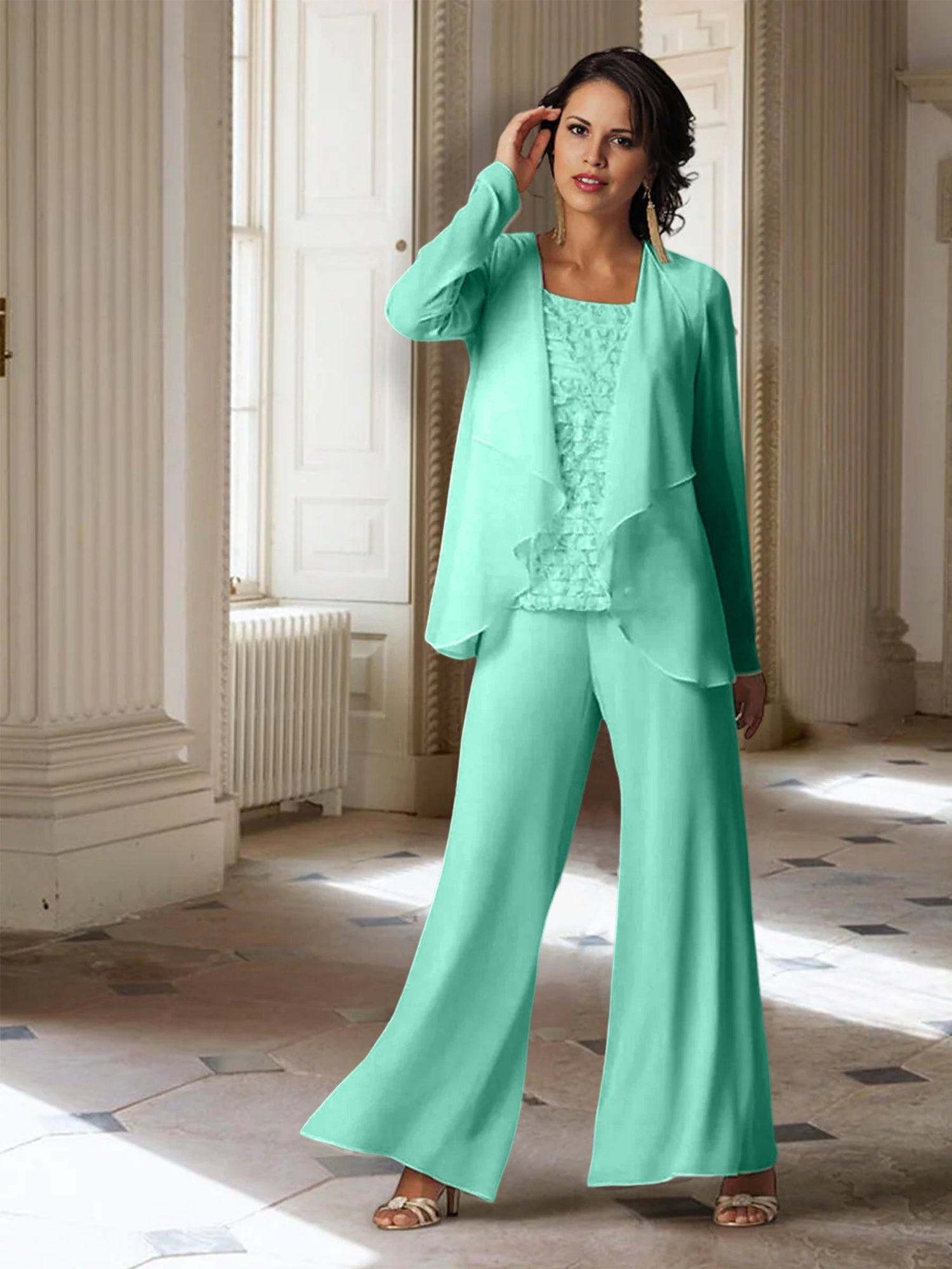 Tailleur-pantalon en mousseline à manches longues pour la mère de la mariée, avec veste 