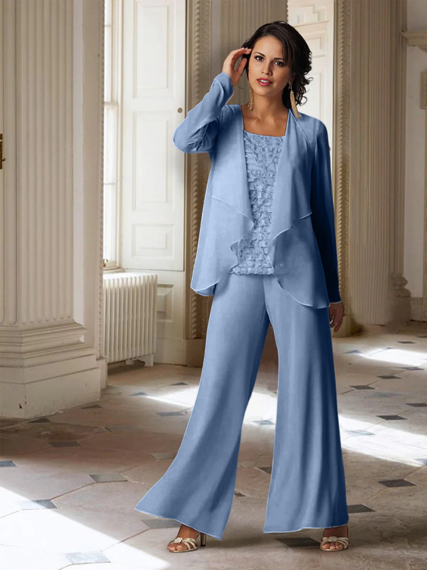 Tailleur-pantalon en mousseline à manches longues pour la mère de la mariée, avec veste 