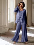 Tailleur-pantalon en mousseline à manches longues pour la mère de la mariée, avec veste 