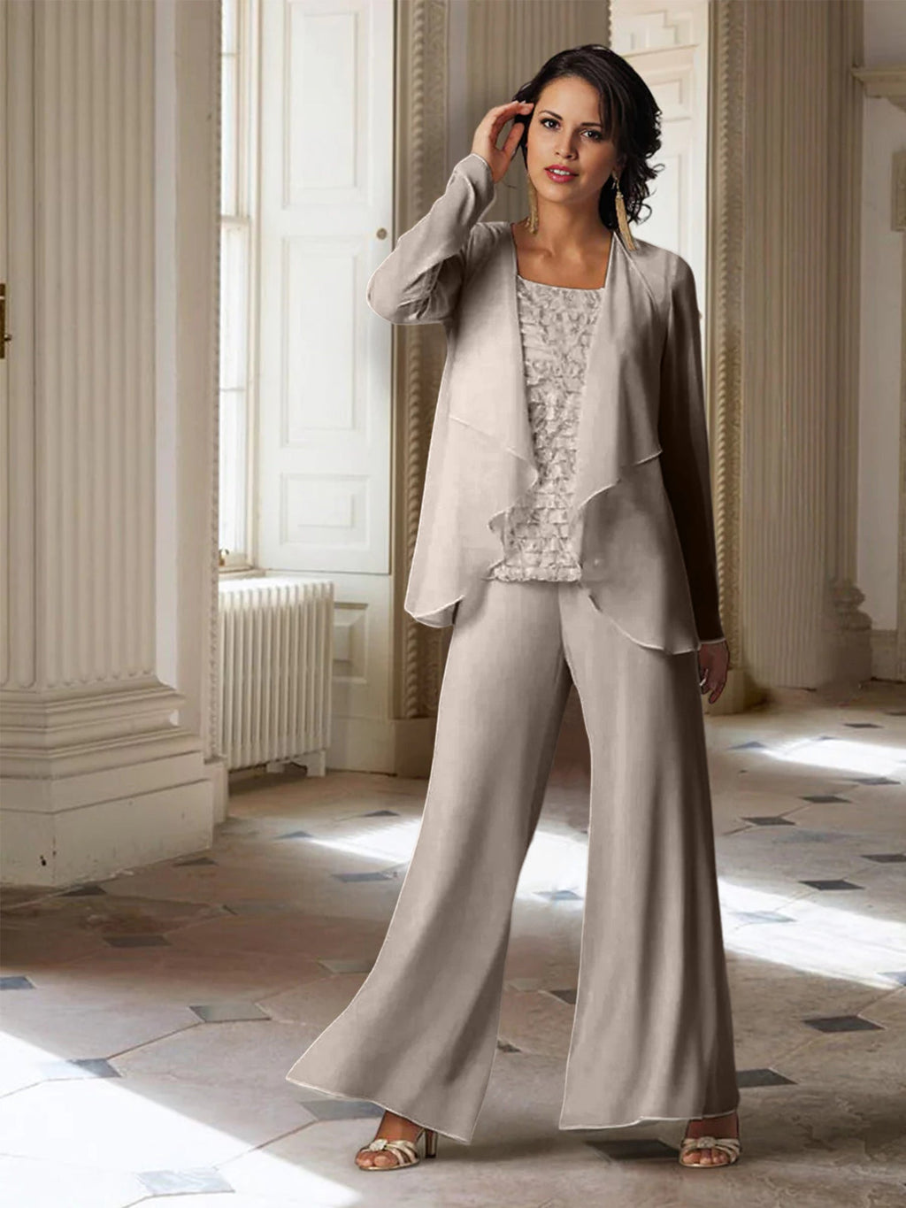 Tailleur-pantalon en mousseline à manches longues pour la mère de la mariée, avec veste 