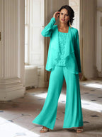 Tailleur-pantalon en mousseline à manches longues pour la mère de la mariée, avec veste 