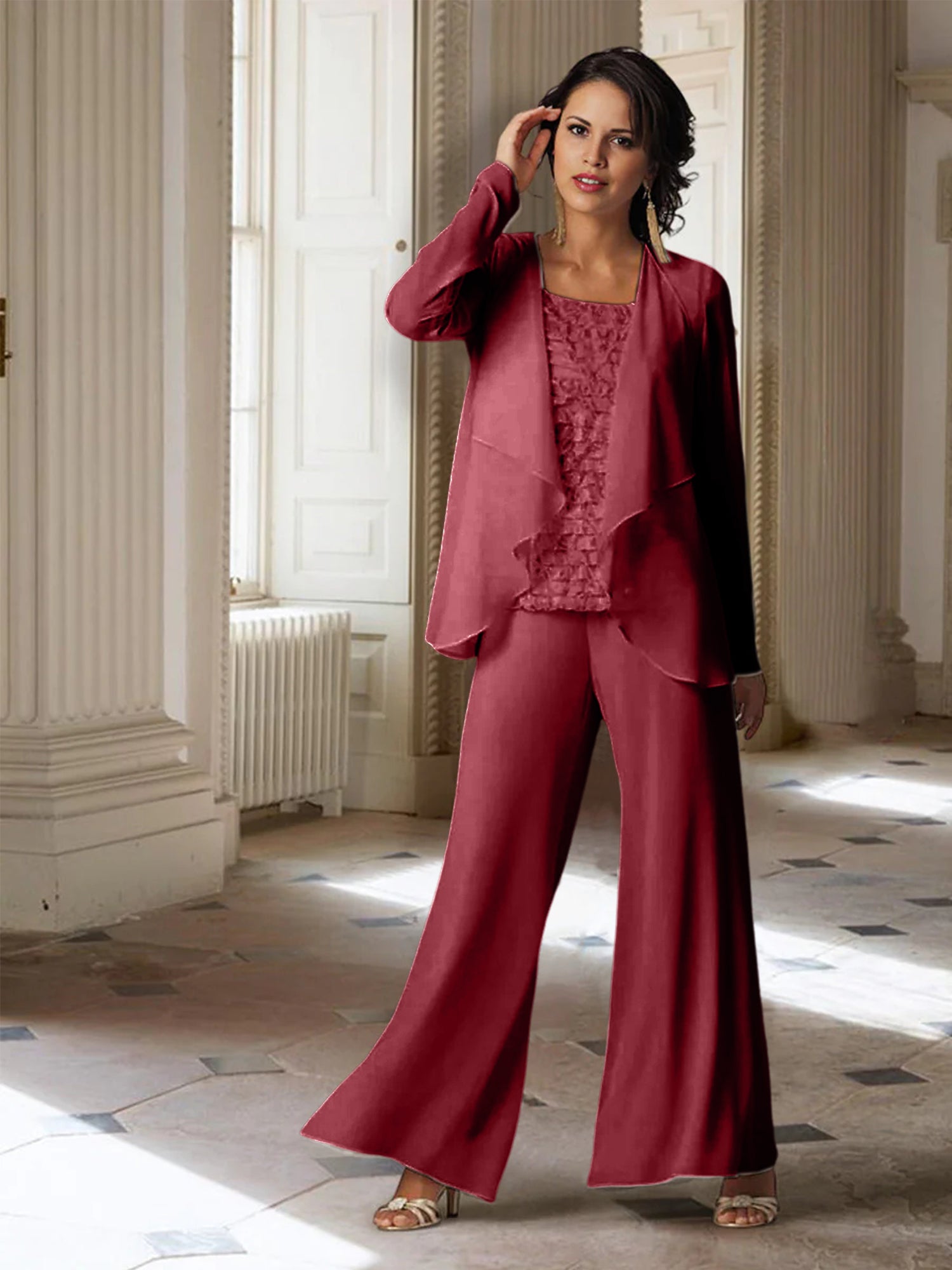 Tailleur-pantalon en mousseline à manches longues pour la mère de la mariée, avec veste 