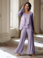 Tailleur-pantalon en mousseline à manches longues pour la mère de la mariée, avec veste 
