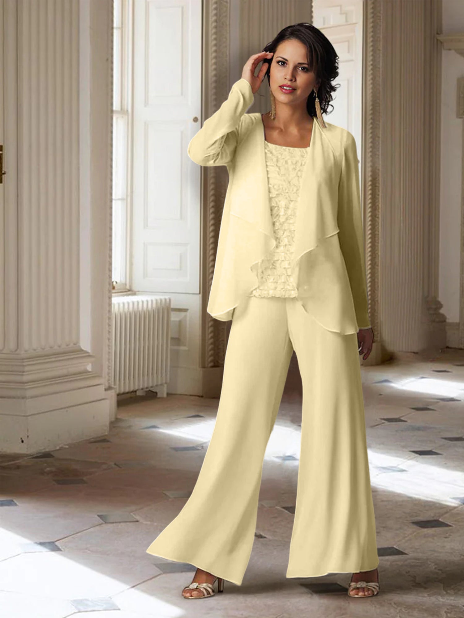 Tailleur-pantalon en mousseline à manches longues pour la mère de la mariée, avec veste 