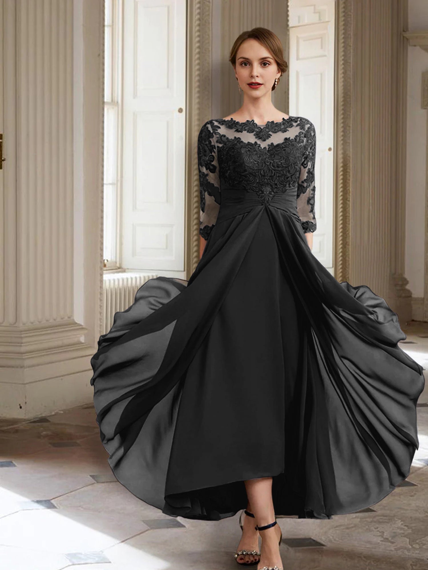 Vestidos de corte princesa/línea A para la madre de la novia, manga larga y apliques. 
