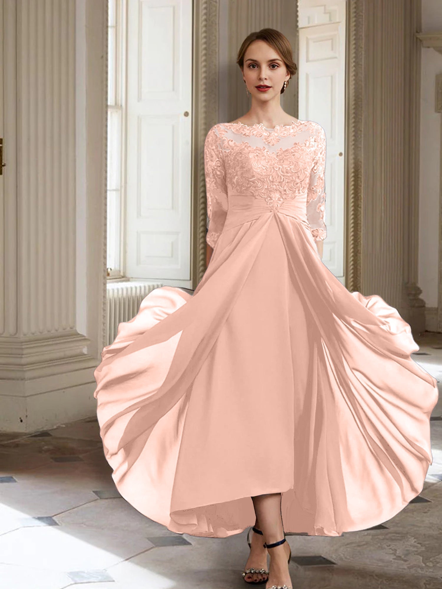 Vestidos de corte princesa/línea A para la madre de la novia, manga larga y apliques. 