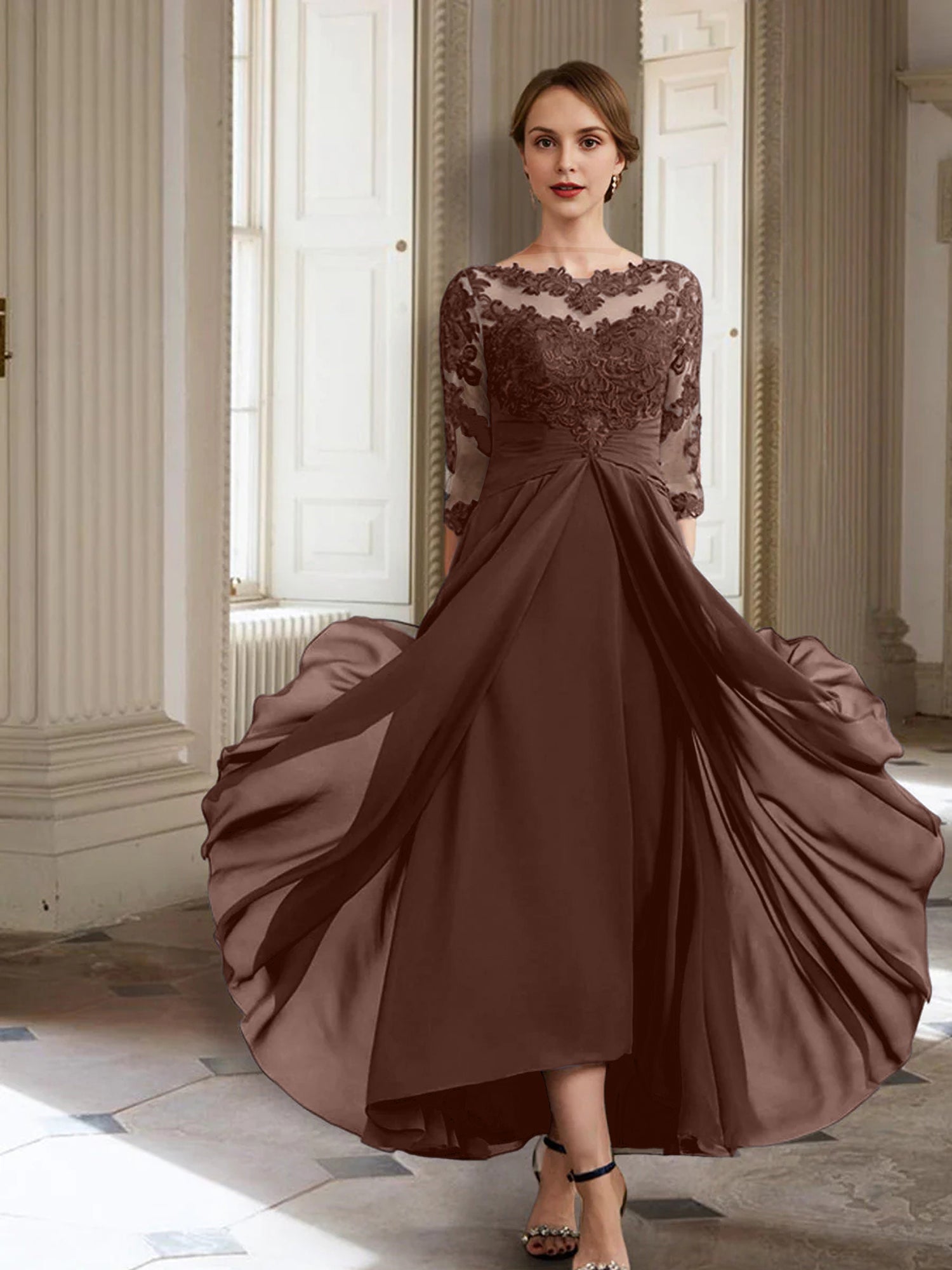 Vestidos de corte princesa/línea A para la madre de la novia, manga larga y apliques. 