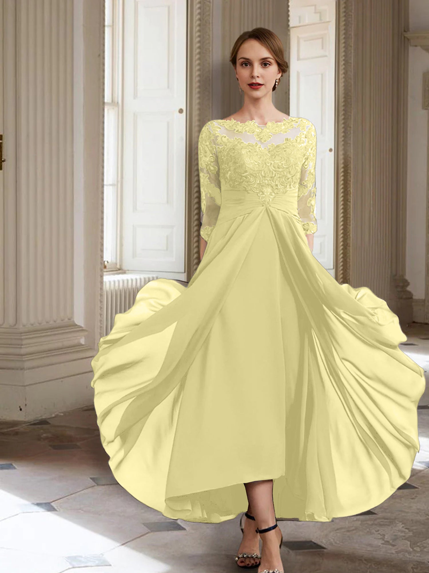 Vestidos de corte princesa/línea A para la madre de la novia, manga larga y apliques. 