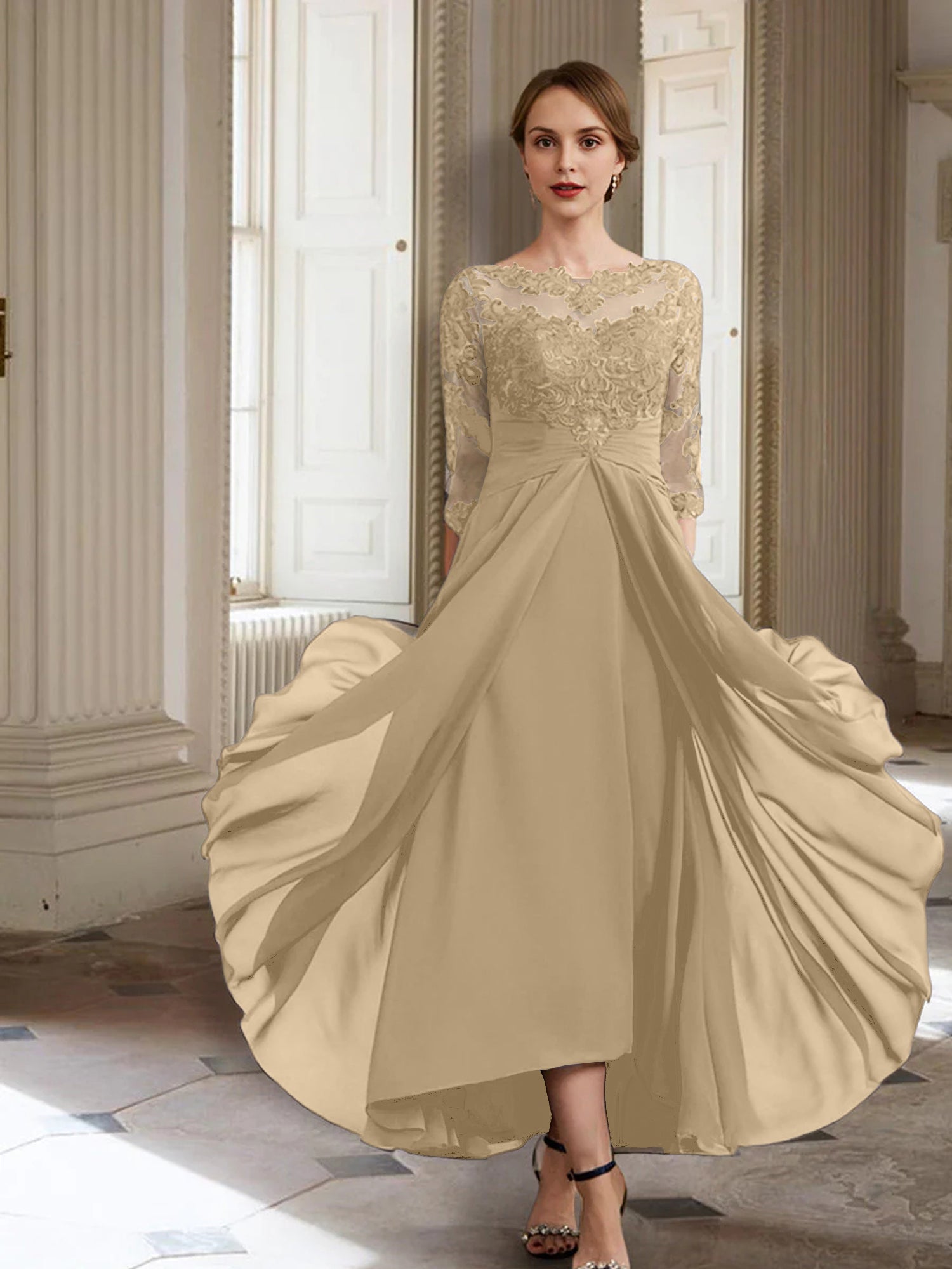 Vestidos de corte princesa/línea A para la madre de la novia, manga larga y apliques. 