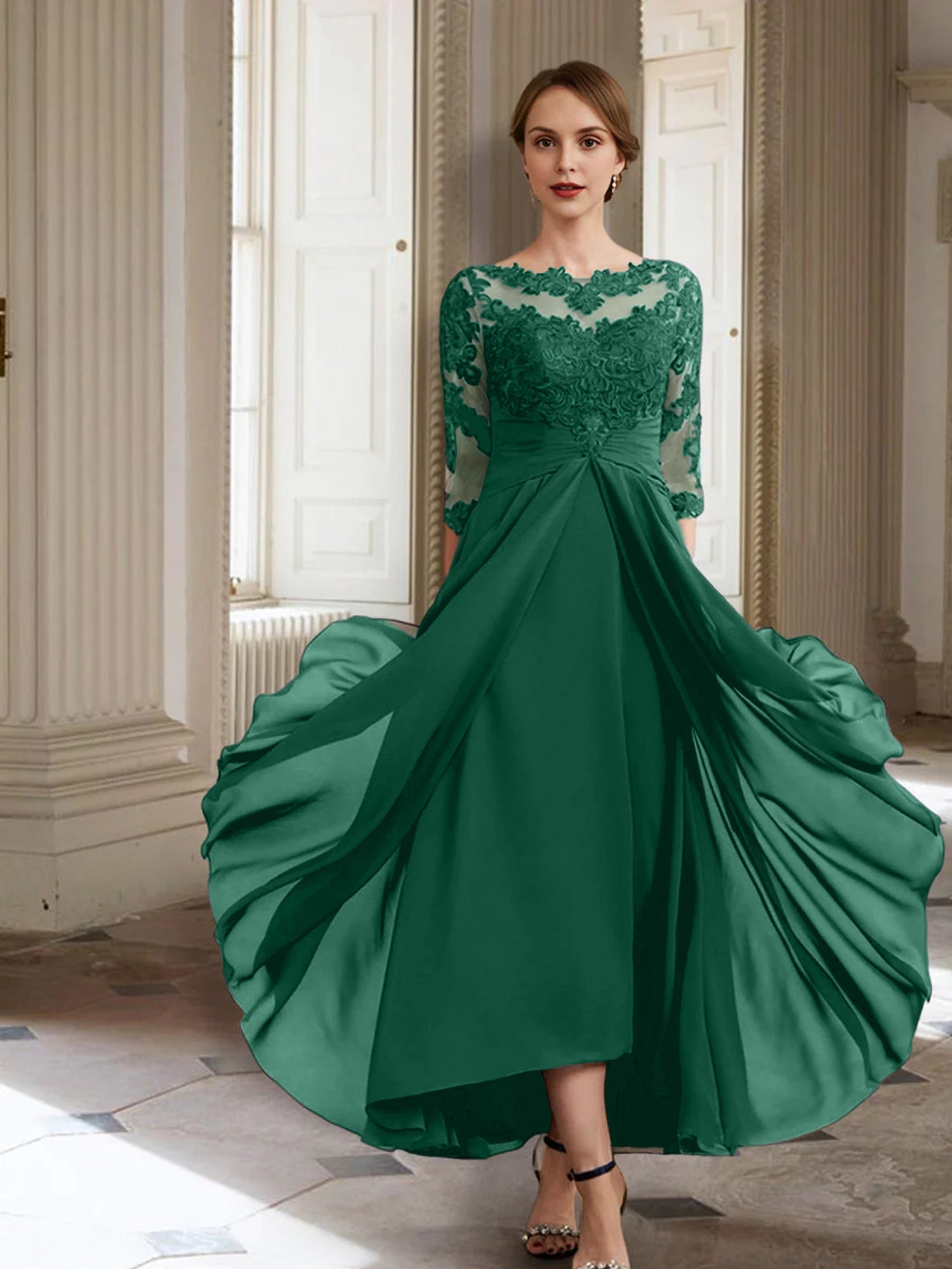 Vestidos de corte princesa/línea A para la madre de la novia, manga larga y apliques. 