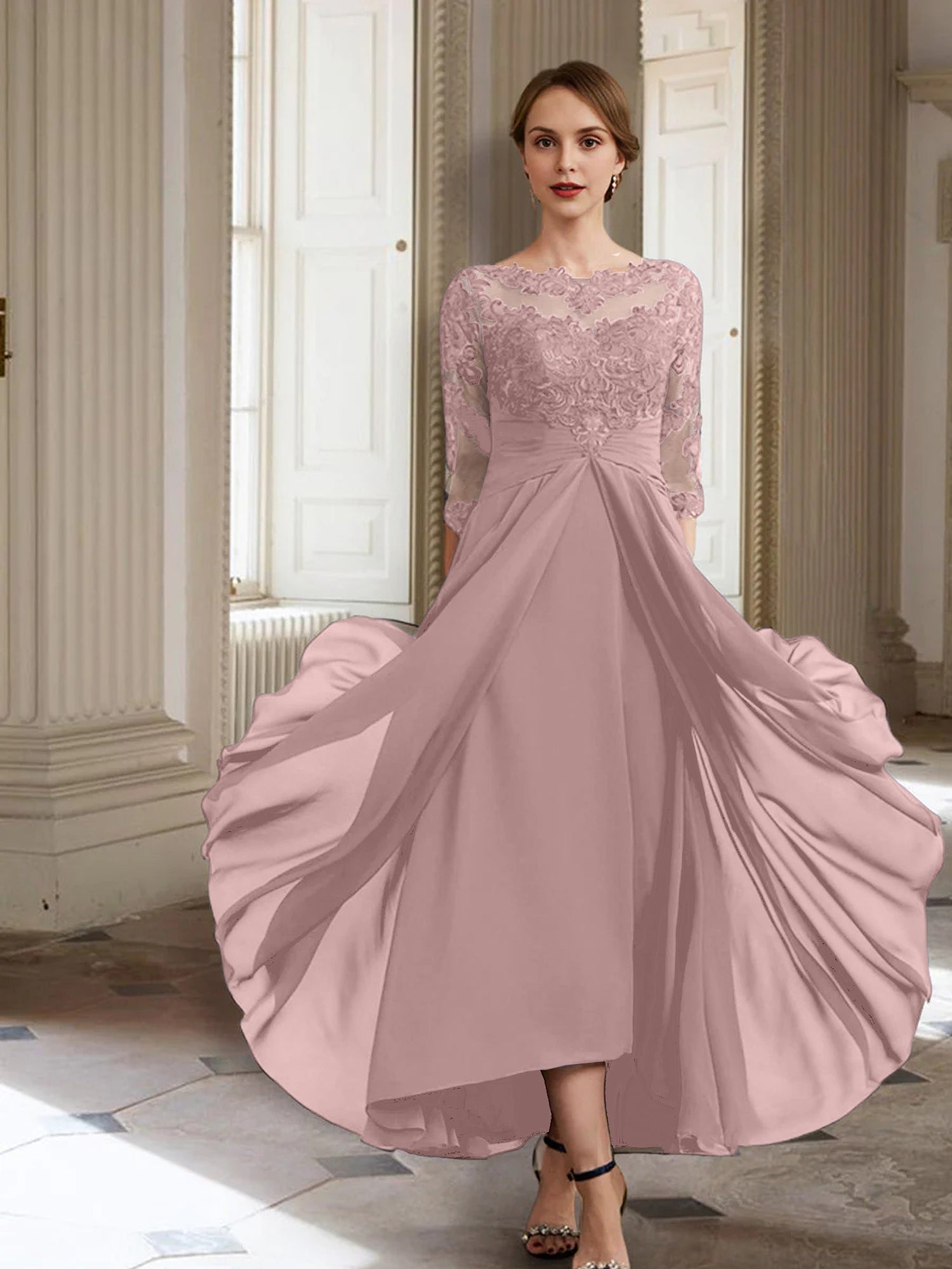 Vestidos de corte princesa/línea A para la madre de la novia, manga larga y apliques. 