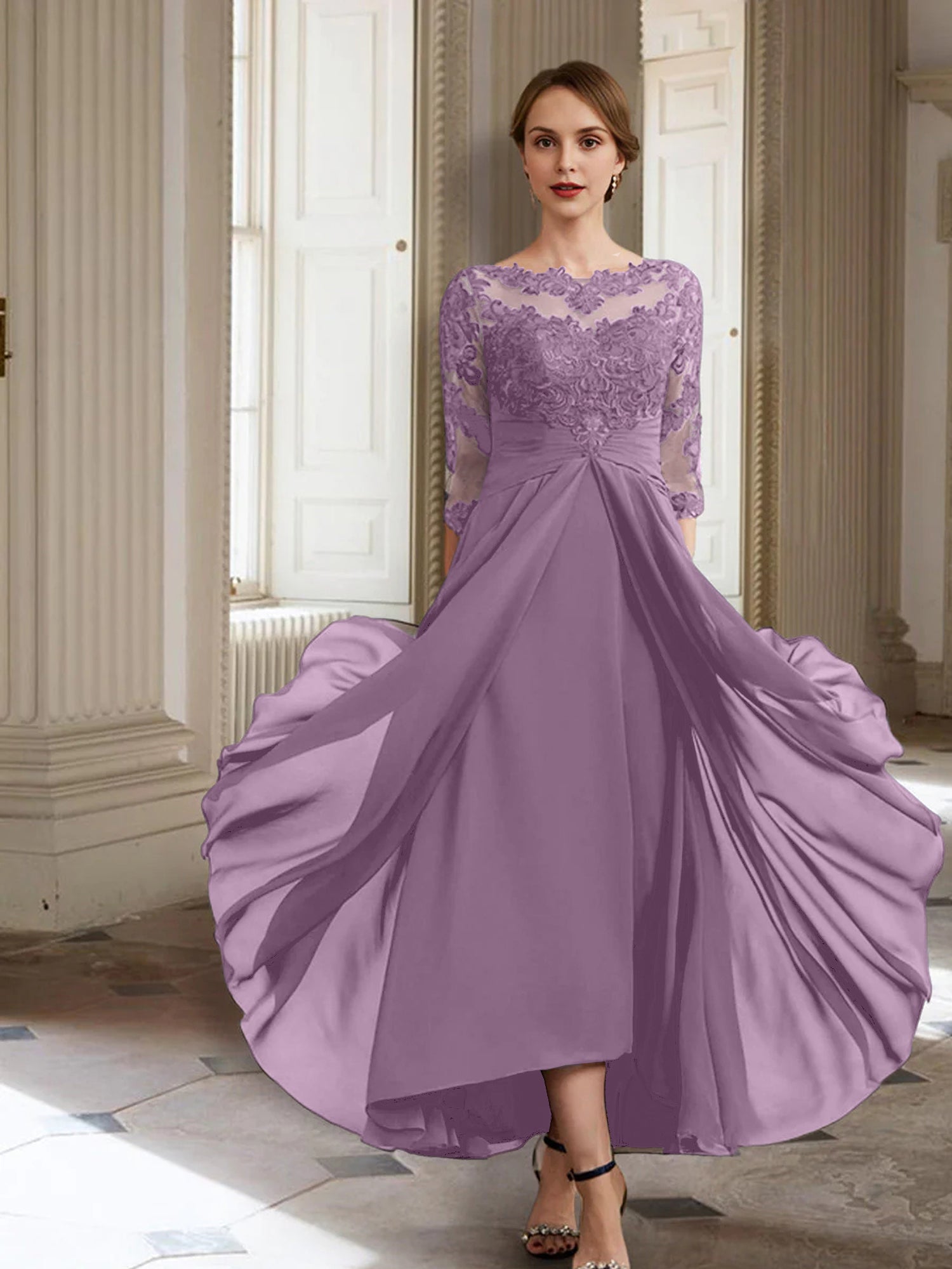 Vestidos de corte princesa/línea A para la madre de la novia, manga larga y apliques. 