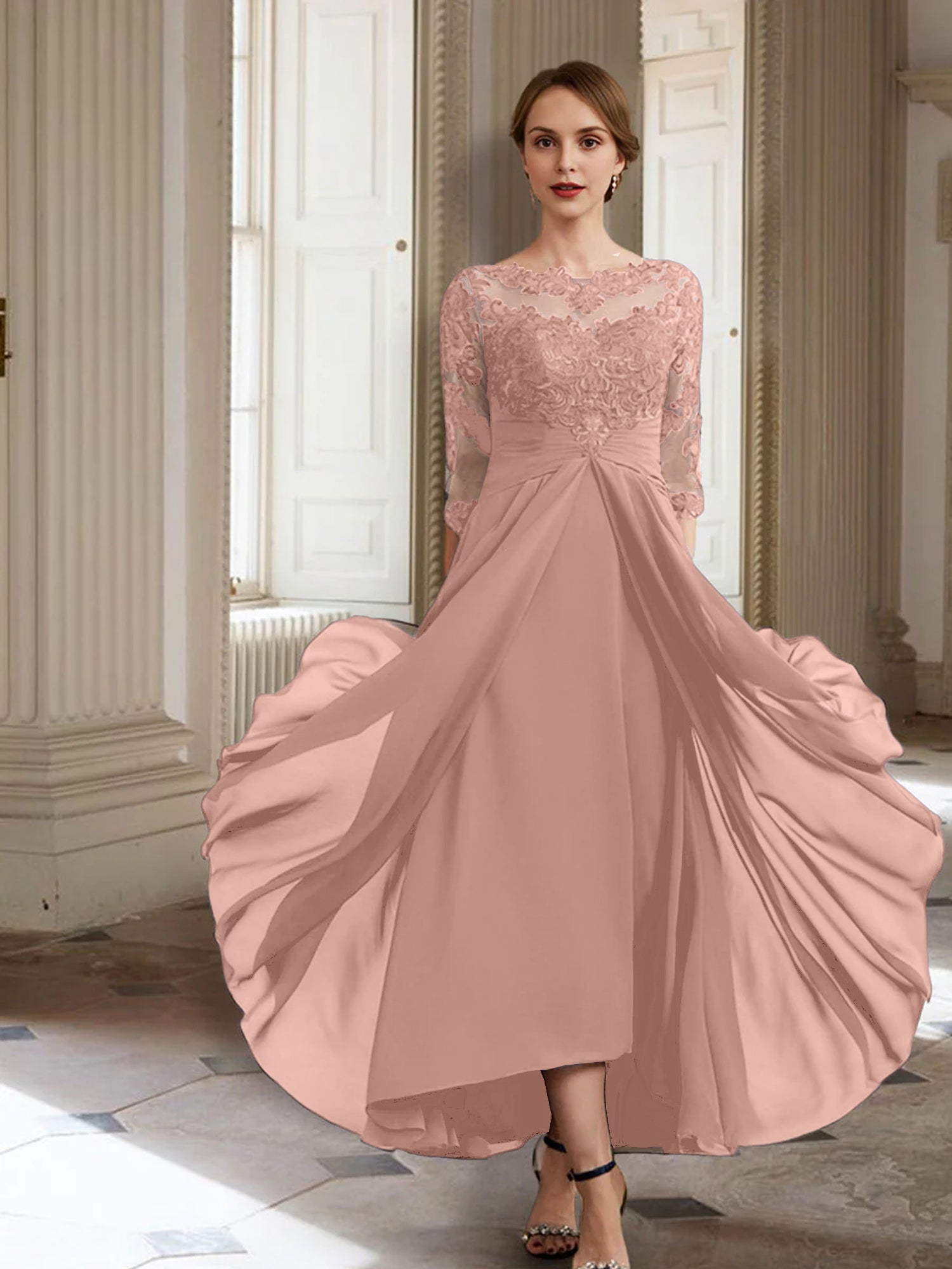 Vestidos de corte princesa/línea A para la madre de la novia, manga larga y apliques. 