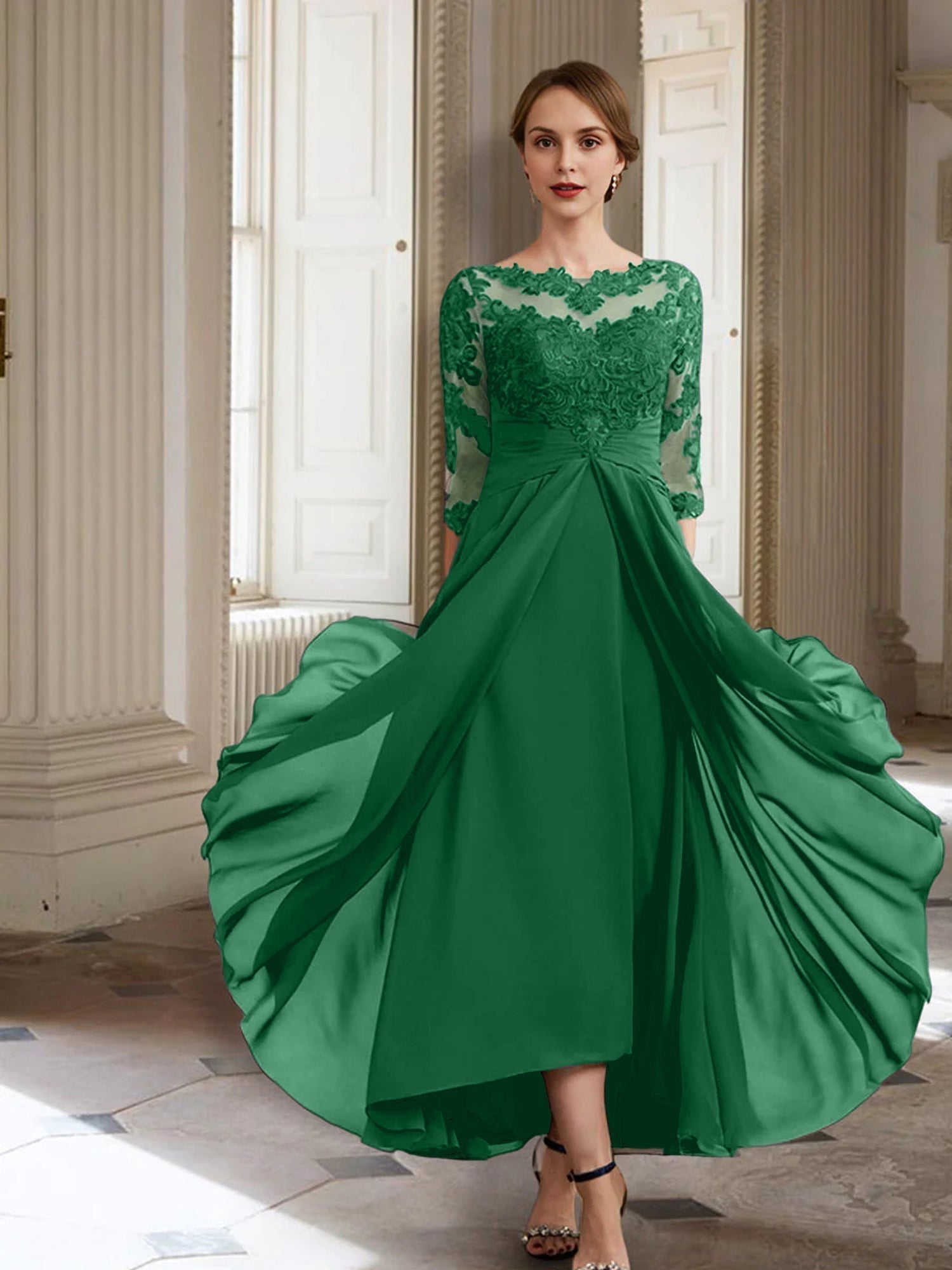 Vestidos de corte princesa/línea A para la madre de la novia, manga larga y apliques. 