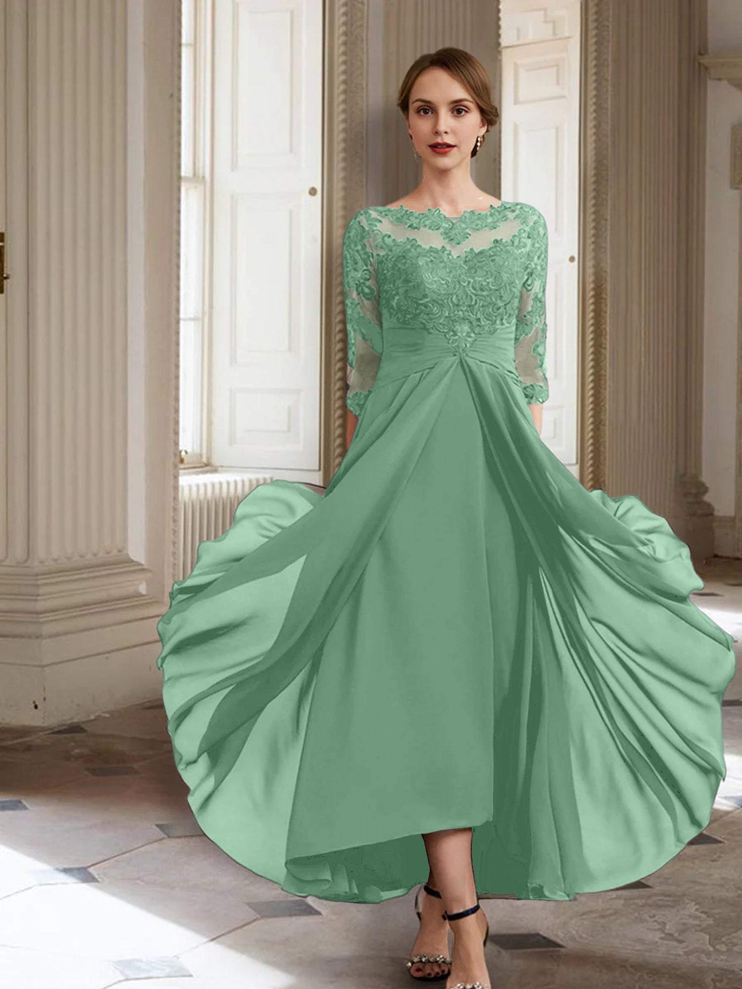 Vestidos de corte princesa/línea A para la madre de la novia, manga larga y apliques. 