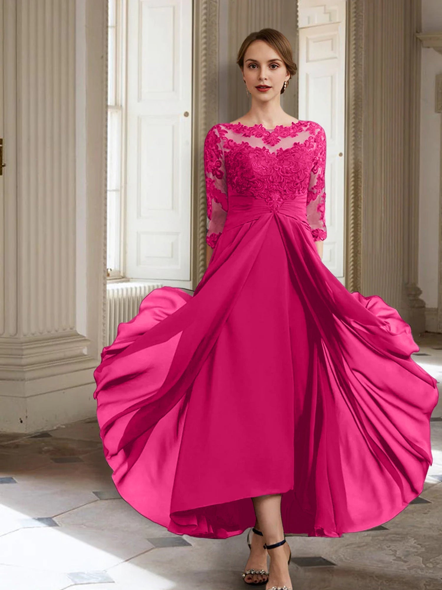 Vestidos de corte princesa/línea A para la madre de la novia, manga larga y apliques. 