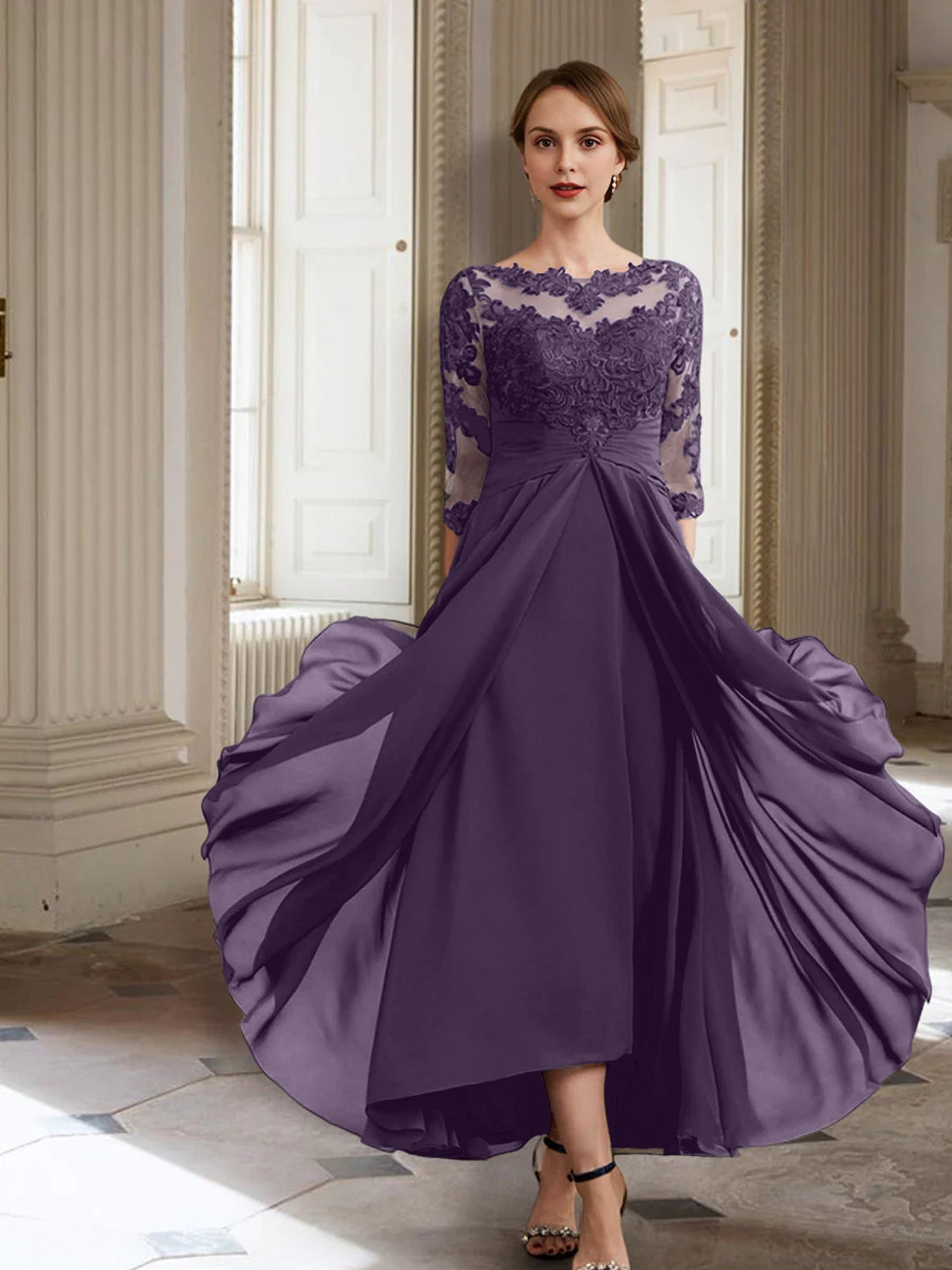 Vestidos de corte princesa/línea A para la madre de la novia, manga larga y apliques. 