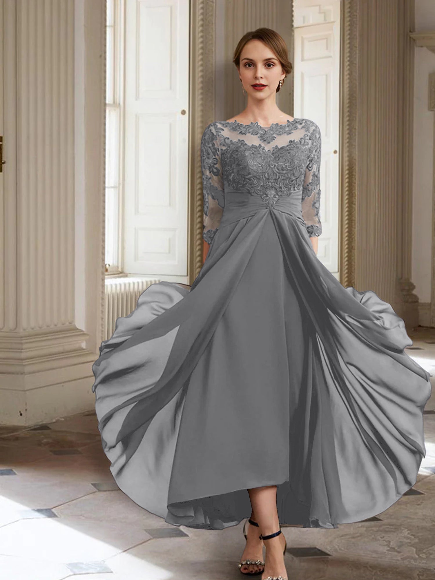 Vestidos de corte princesa/línea A para la madre de la novia, manga larga y apliques. 