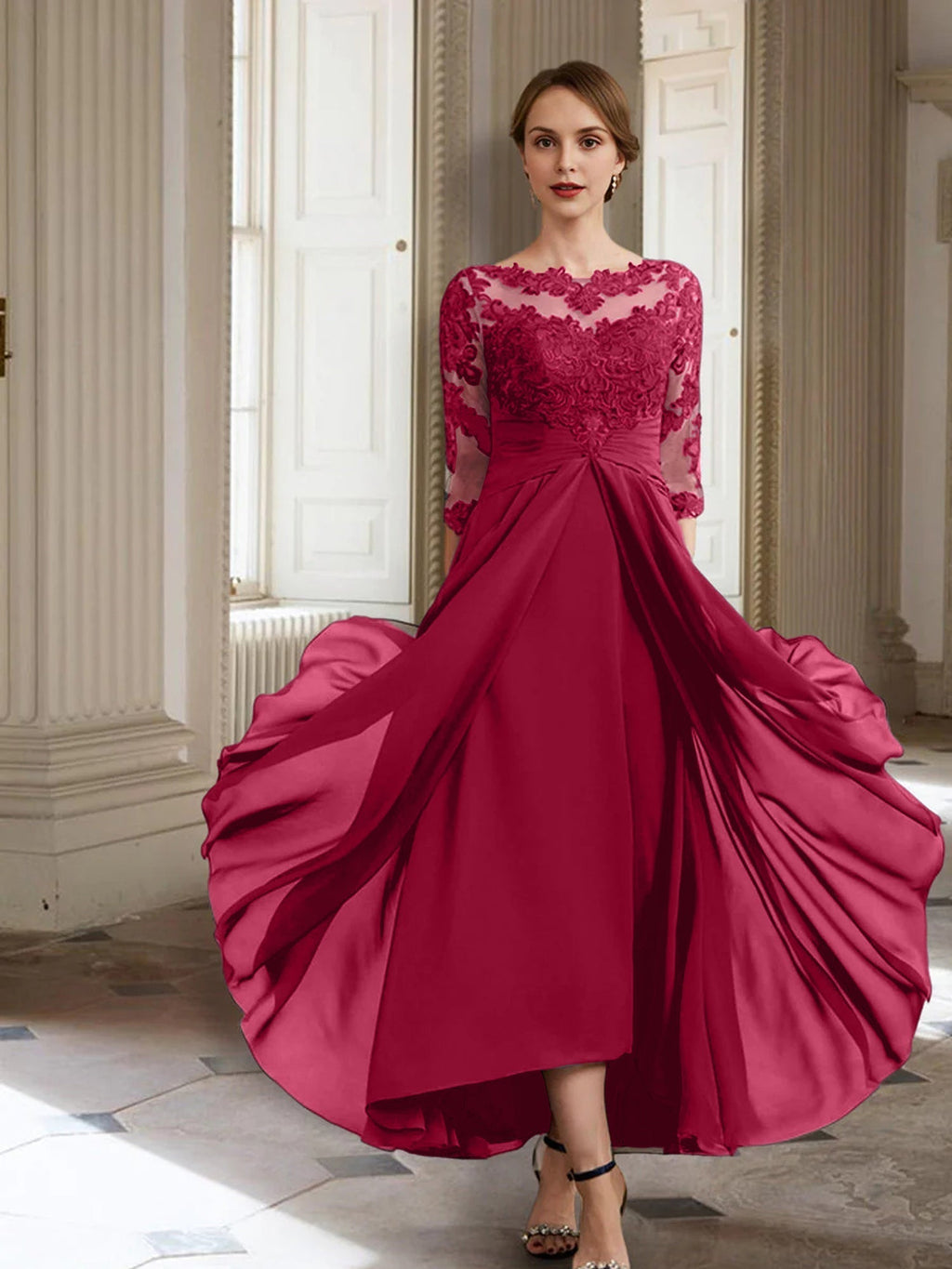 Vestidos de corte princesa/línea A para la madre de la novia, manga larga y apliques. 