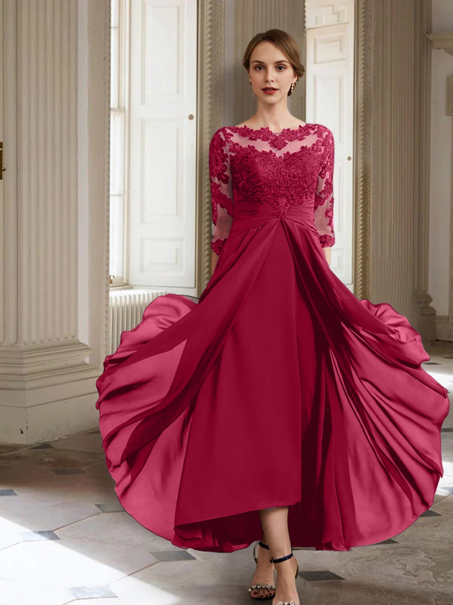 Vestidos de corte princesa/línea A para la madre de la novia, manga larga y apliques. 
