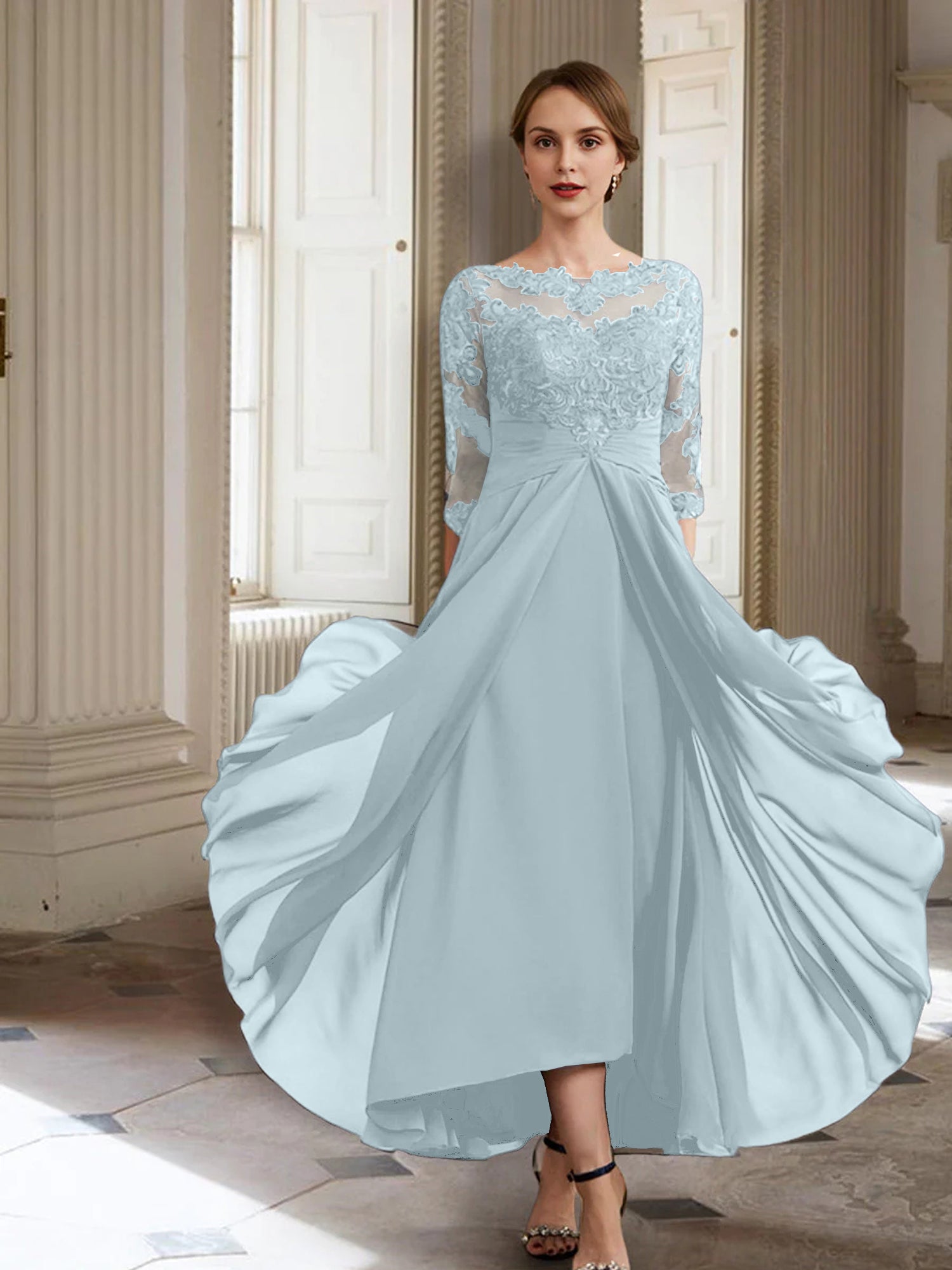 Vestidos de corte princesa/línea A para la madre de la novia, manga larga y apliques. 