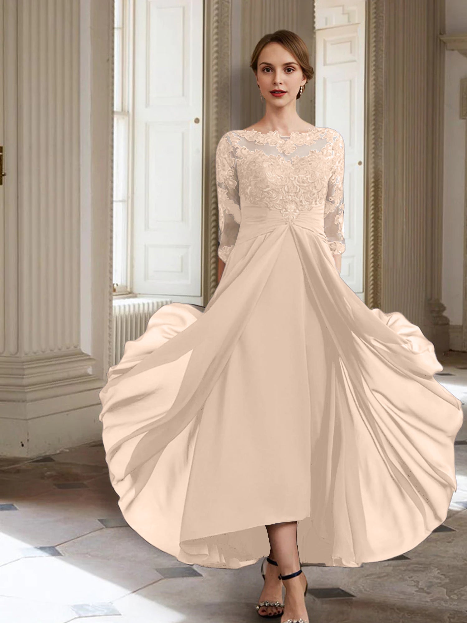 Vestidos de corte princesa/línea A para la madre de la novia, manga larga y apliques. 