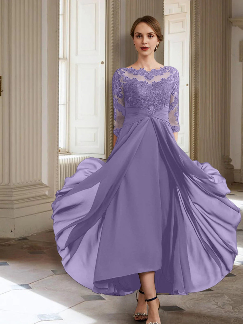 Vestidos de corte princesa/línea A para la madre de la novia, manga larga y apliques. 