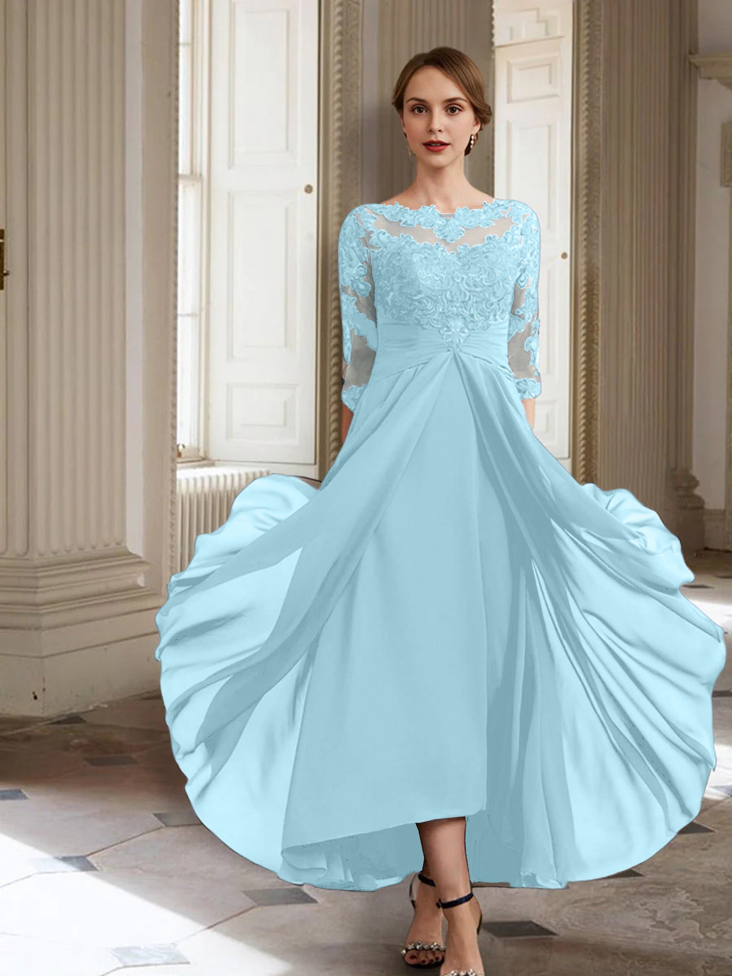 Vestidos de corte princesa/línea A para la madre de la novia, manga larga y apliques. 
