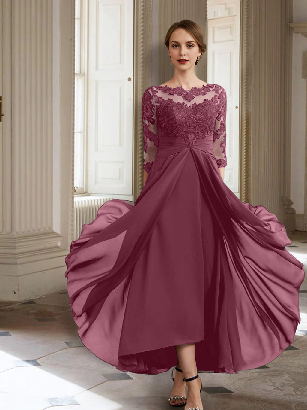 Vestidos de corte princesa/línea A para la madre de la novia, manga larga y apliques. 