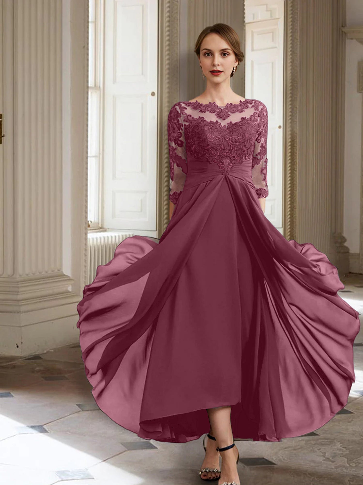 Vestidos de corte princesa/línea A para la madre de la novia, manga larga y apliques. 