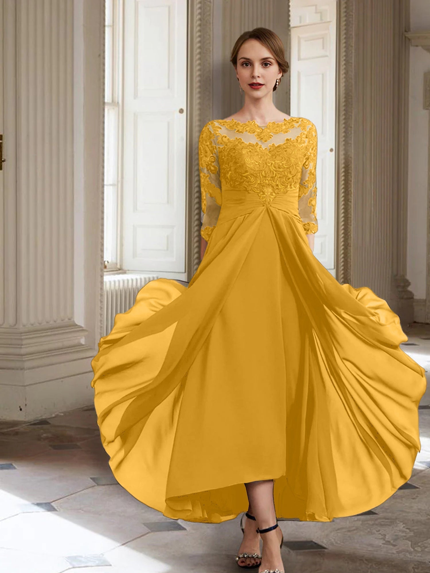 Vestidos de corte princesa/línea A para la madre de la novia, manga larga y apliques. 