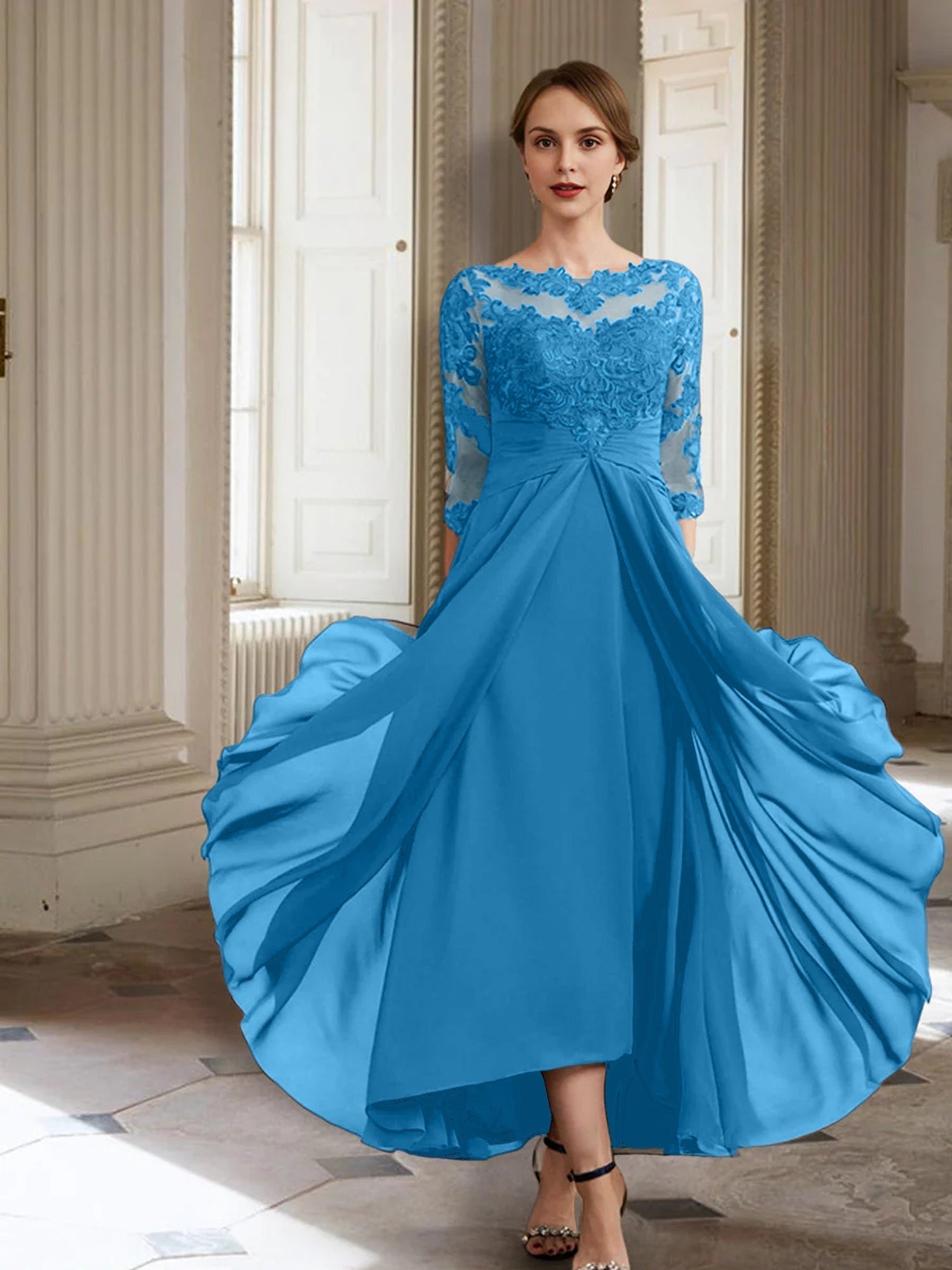 Vestidos de corte princesa/línea A para la madre de la novia, manga larga y apliques. 