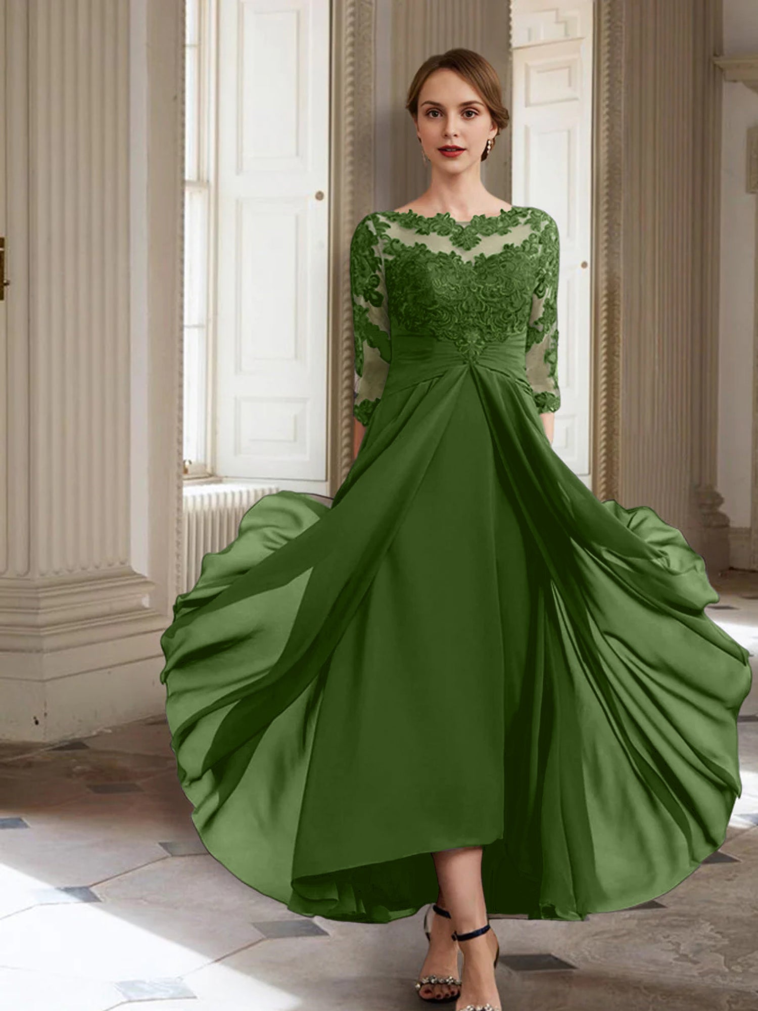Vestidos de corte princesa/línea A para la madre de la novia, manga larga y apliques. 