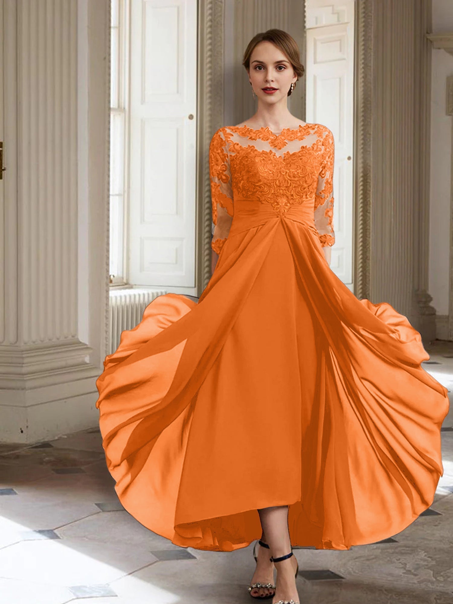 Vestidos de corte princesa/línea A para la madre de la novia, manga larga y apliques. 