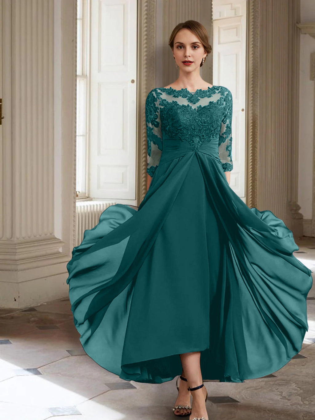 Vestidos de corte princesa/línea A para la madre de la novia, manga larga y apliques. 