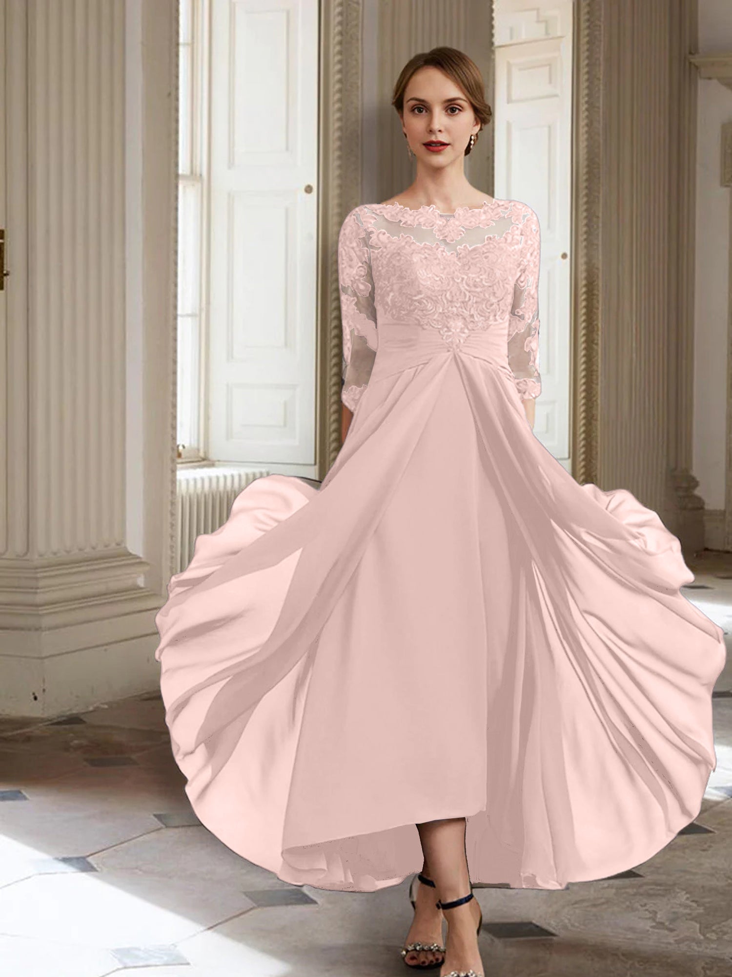 Vestidos de corte princesa/línea A para la madre de la novia, manga larga y apliques. 