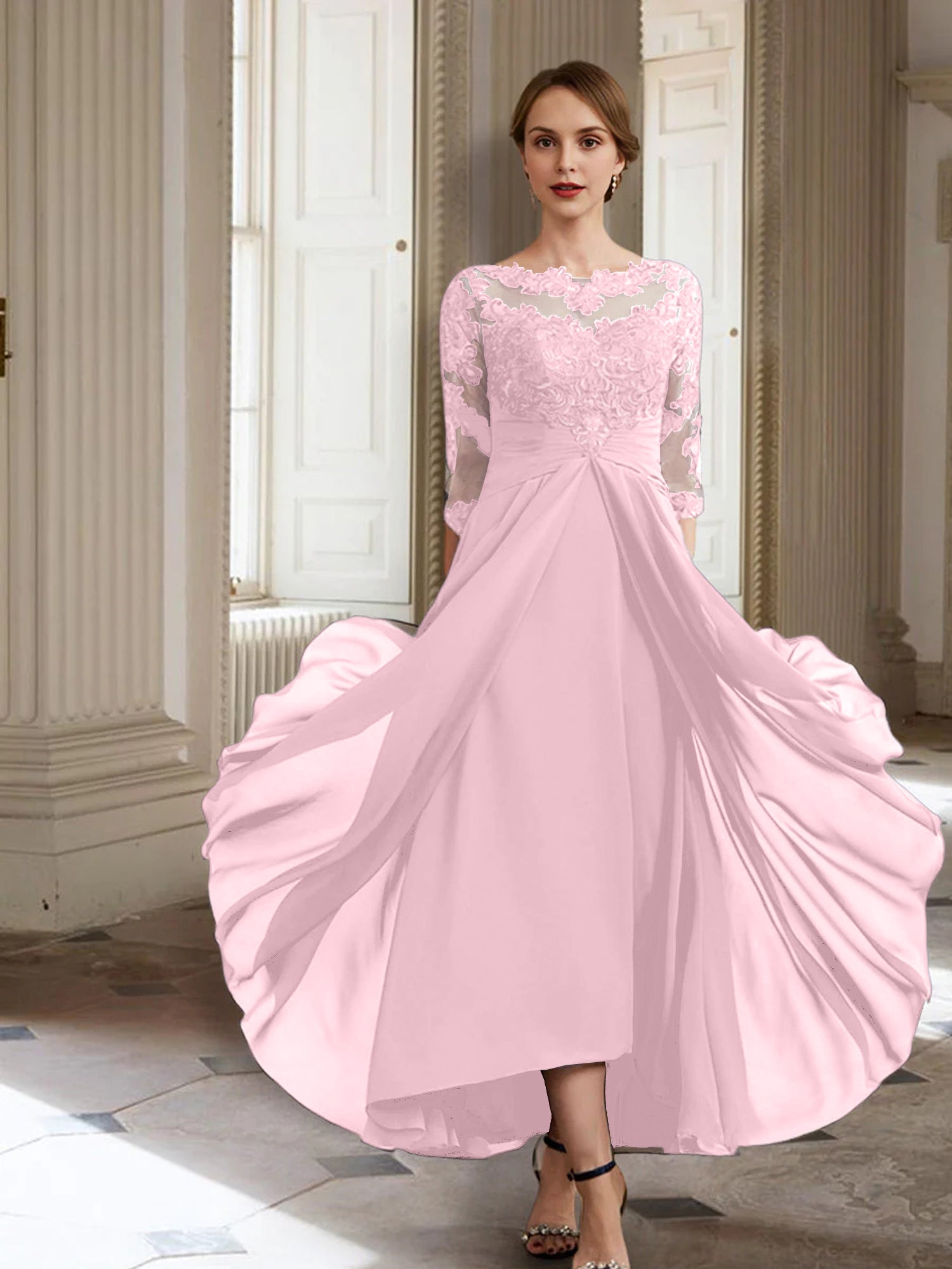 Vestidos de corte princesa/línea A para la madre de la novia, manga larga y apliques. 