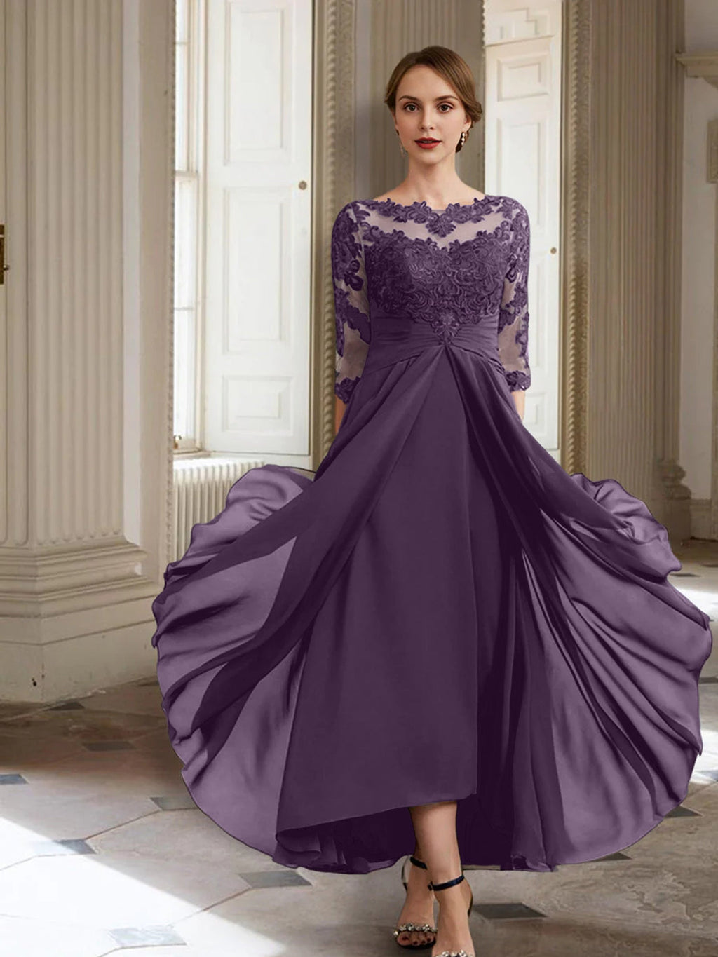Vestidos de corte princesa/línea A para la madre de la novia, manga larga y apliques. 