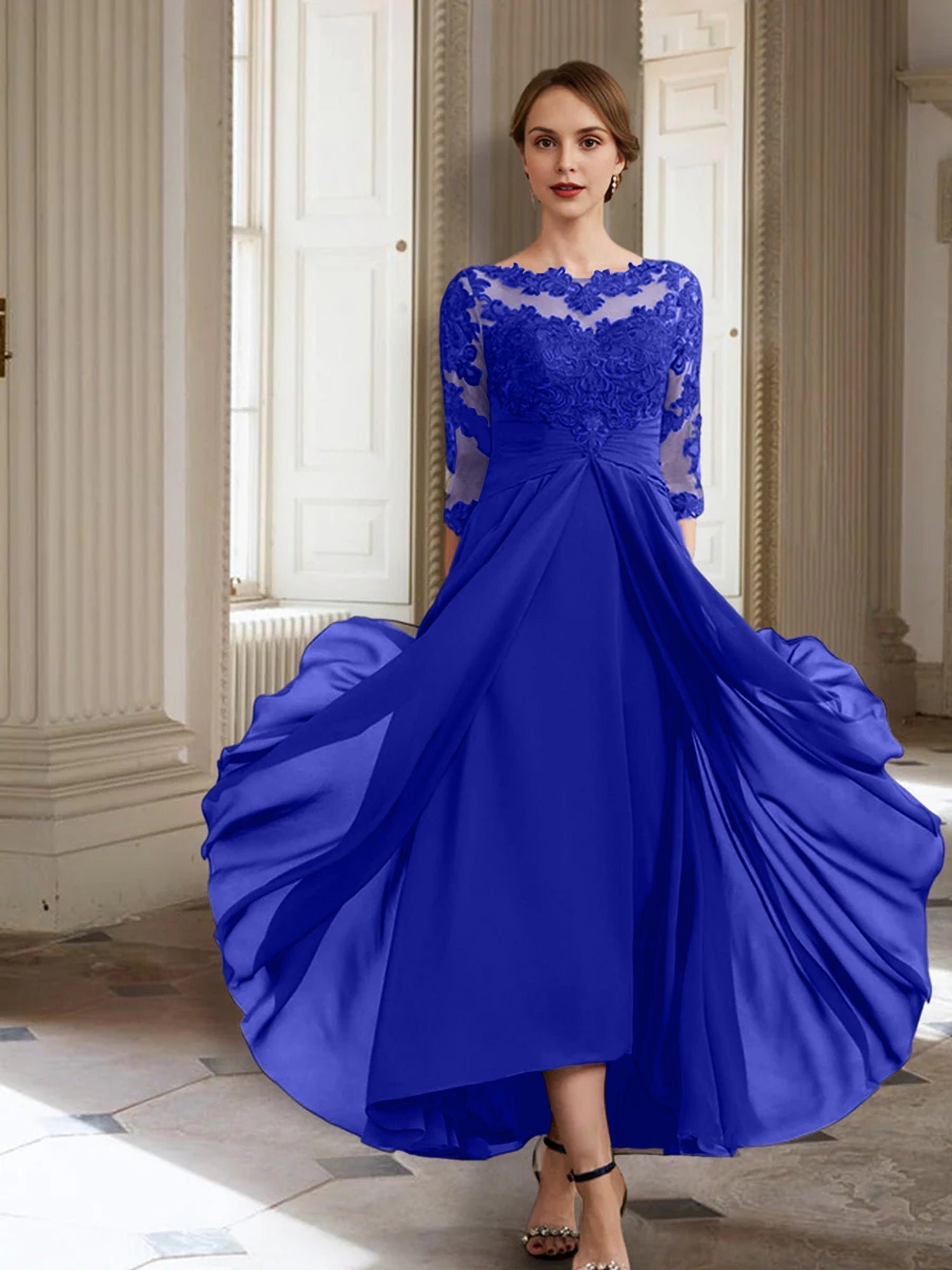 Vestidos de corte princesa/línea A para la madre de la novia, manga larga y apliques. 