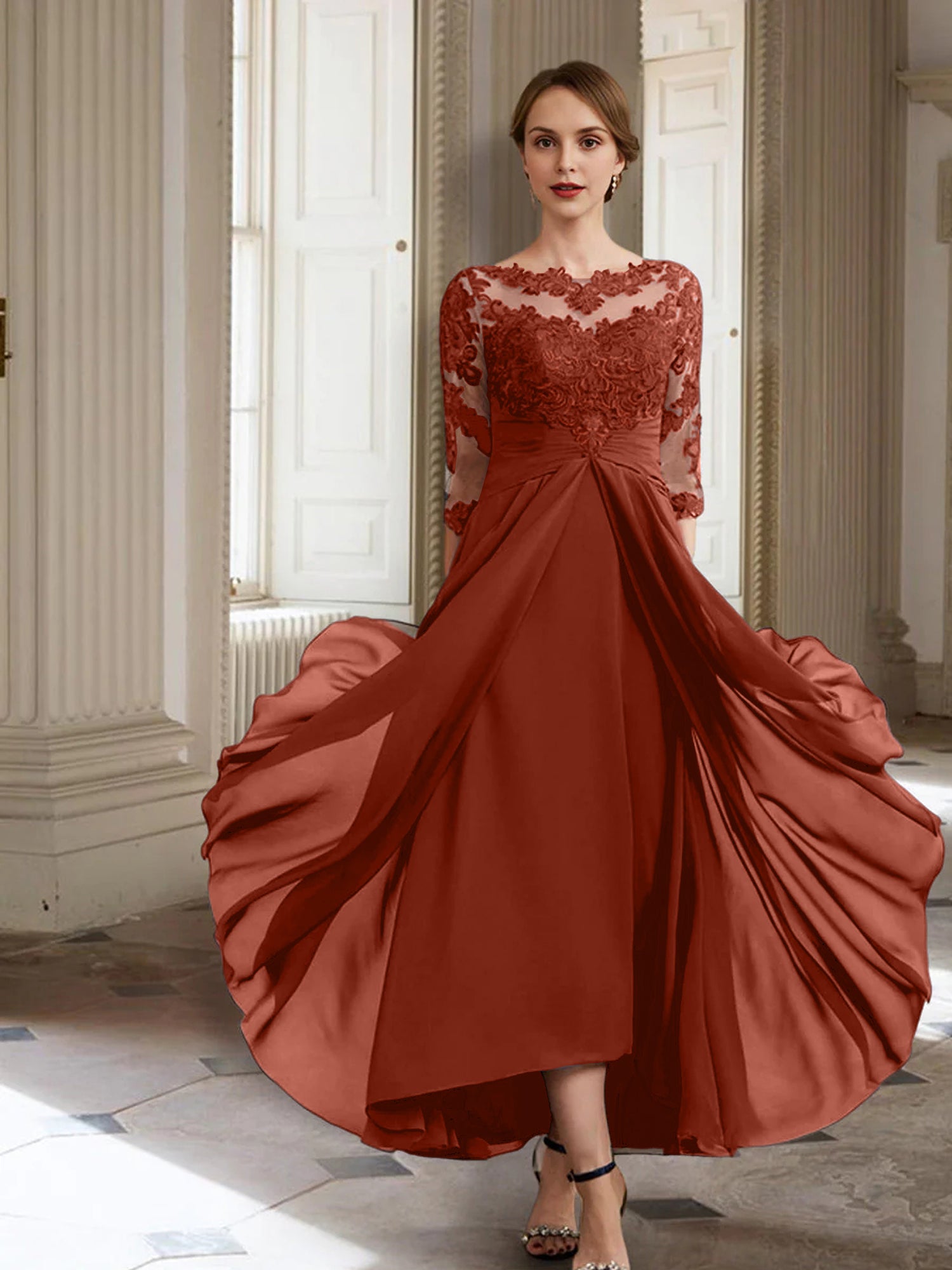 Vestidos de corte princesa/línea A para la madre de la novia, manga larga y apliques. 